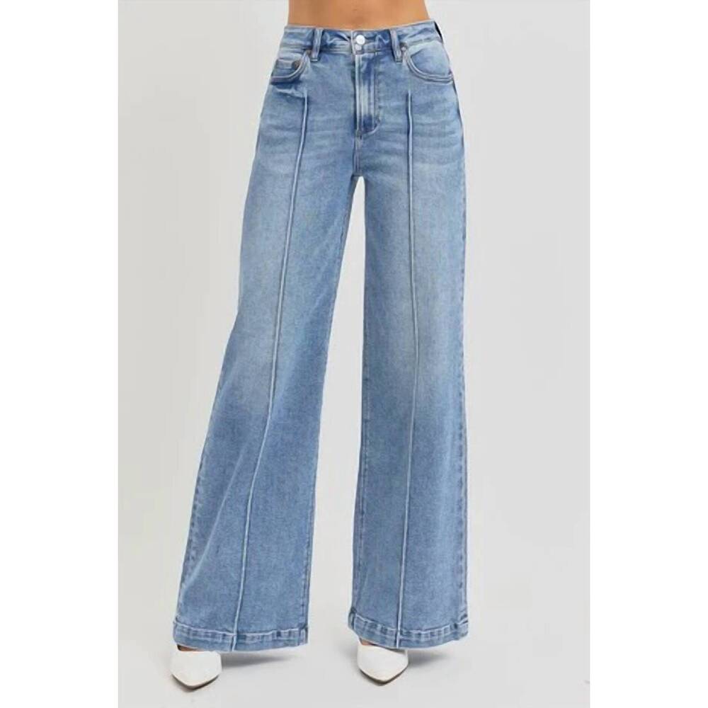 NEW RISEN high waist wide leg pintuck detailed jeans in light wash